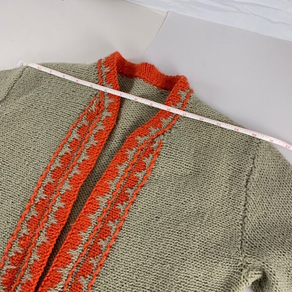 Hand Knit Cardigan Beige w/ Orange Geometric Design Open Front 3/4 Sleeves VTG - Picture 4 of 6